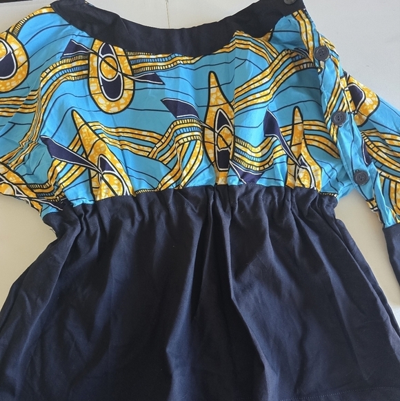 African Print Blouse Women L Blue Green 3/4 Sleeves Shoulder Buttons Flowy Artsy - Picture 7 of 8